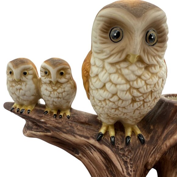 Vtg 70s Ardco Owl Family Bisque Porcelain Planter Bud Vase Tree Stump Mushroom - Picture 3 of 14